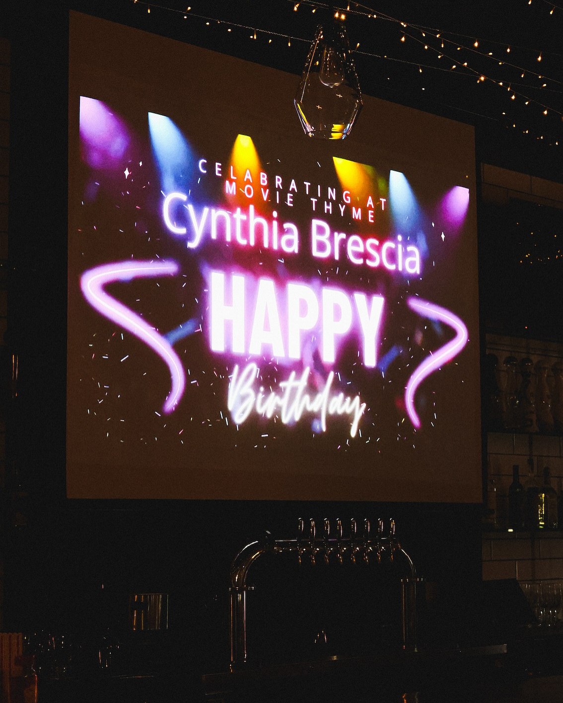 A personalised birthday greeting projected on the screen at Movie Thyme